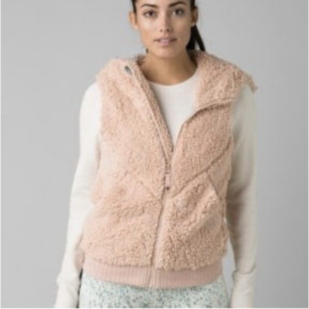 Prana Vest Womens S Pink Cream Sherpa Fleece Hooded Full Zip Permafrost Ribbed